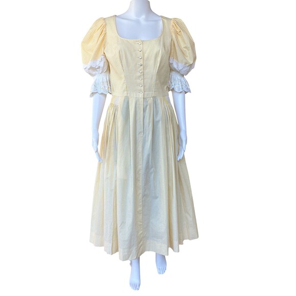 Kruger Dirndl Dress Size 40 US 12 Yellow Stripe Puff Sleeve Milkmaid Octoberfest - Picture 1 of 15